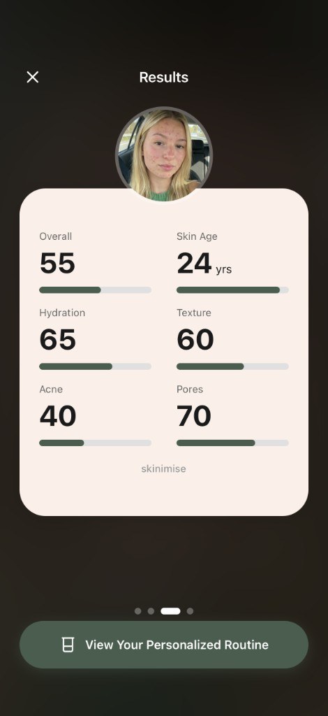 HerMax results with scores for skin age, hydration, texture, acne and pores