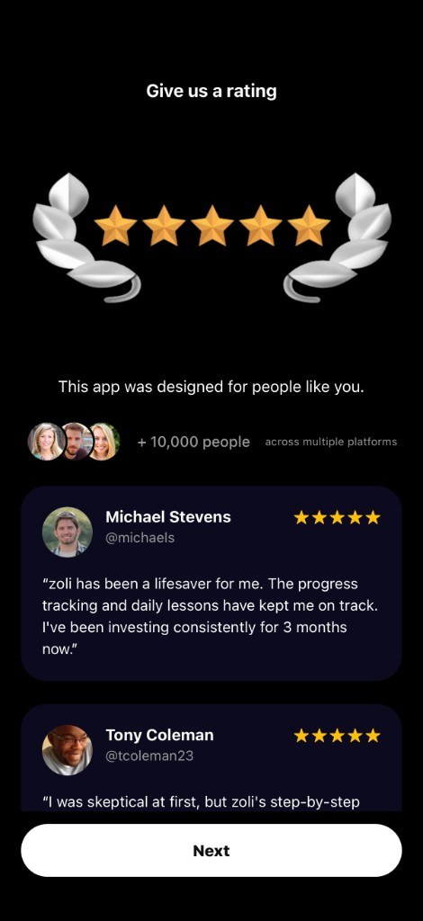 Zoli rating screen with reviews from learners
